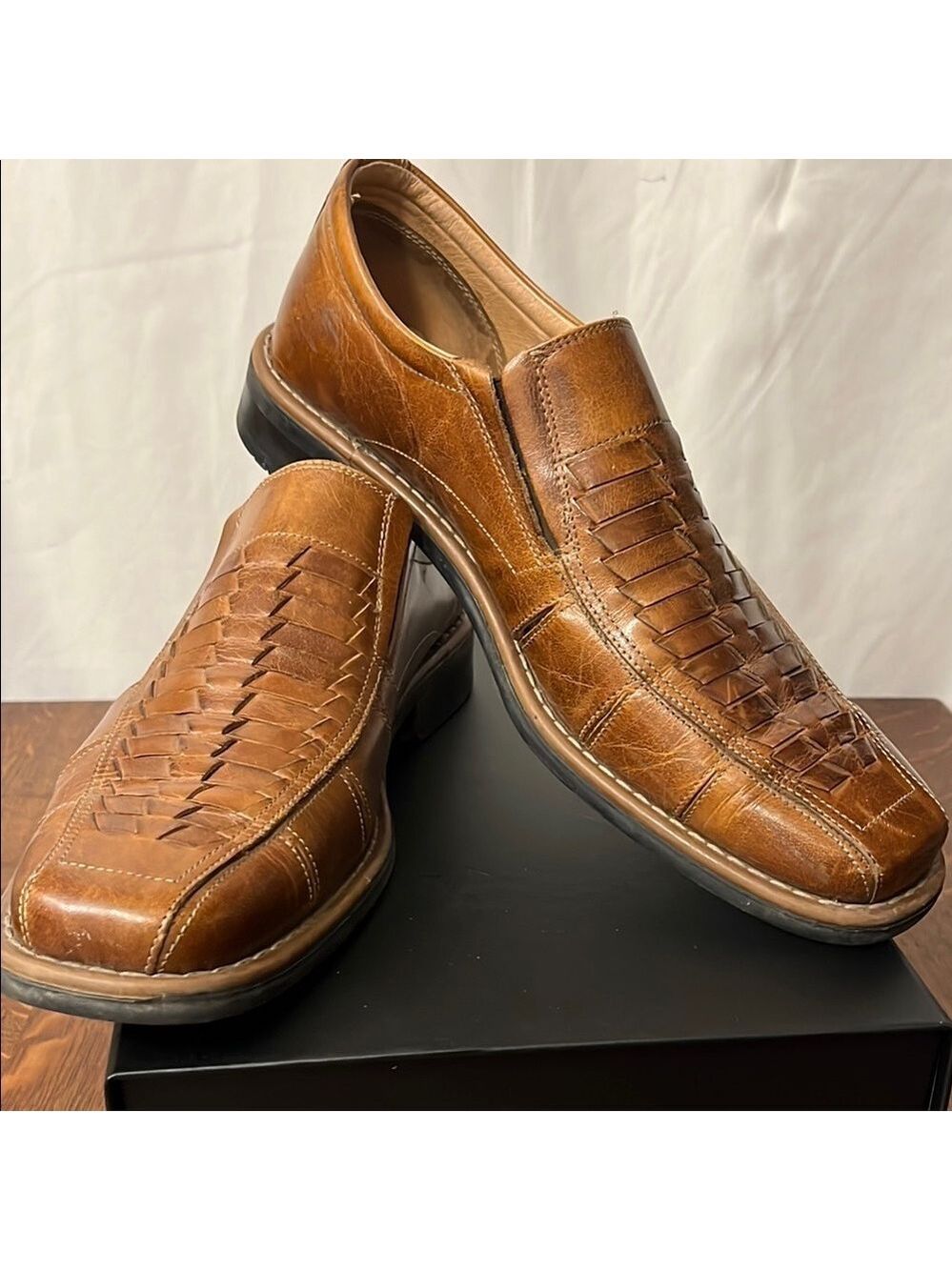 Brown Slip-On Loafers with Textured Leather and Square Toe